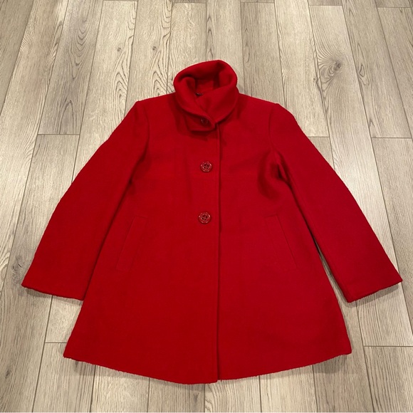 Larry Levine Wool Blend Coat Women’s Size M Red Funnel Neck Button Down Pockets - Picture 2 of 15
